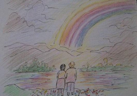 Malcolm and Parvin contemplate a rainbow - a drawing by Malcolm Lee, 2012