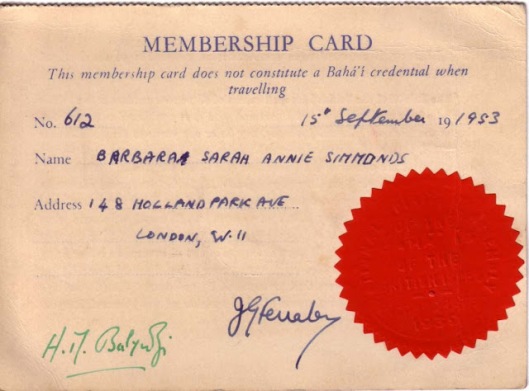 Baha'i membership card of Barbara Simmonds