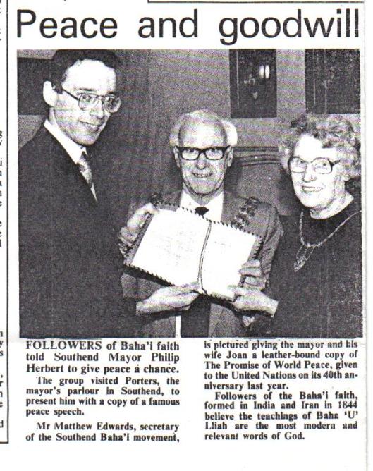 Matthew presenting the Peace Message to the Mayor in Southend (1986)