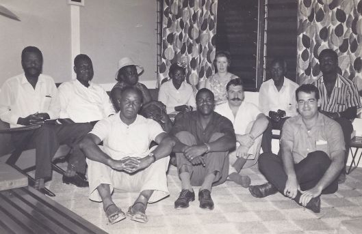 The first spiritual assembly of Mackenzie, Guyana.  Seated on the right of the photo is Anthony Worley, Auxiliary Board member for the Guyanas