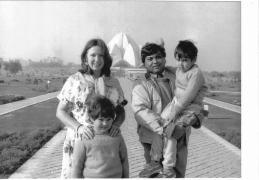 Carolyn and Bibhas Neogi with Robindra and Chandra at the Dedication of the Indian Bahá’í House of Worship (1986)