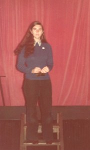 Doreen Anderson in Sheffield in the early 1970s, serving as MC at a presentation on the Faith in a little theatre